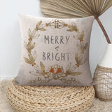 Cotton linen Christmas pillow cover with Merry & Bright text, holiday decor