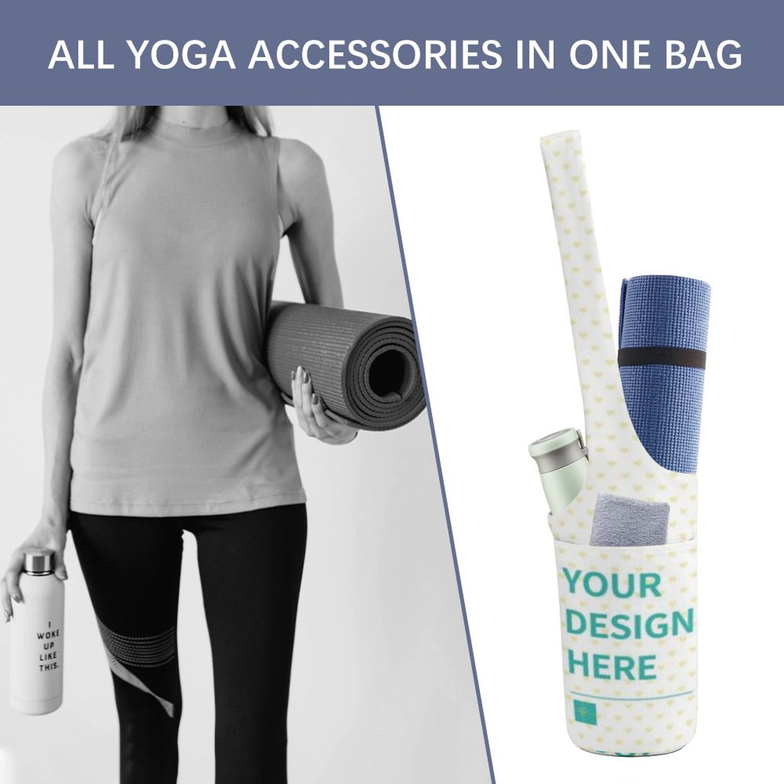 Custom yoga mat bag with customizable design, canvas material, includes yoga mat, towel, and water bottle.