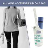 Custom yoga mat bag with customizable design, canvas material, includes yoga mat, towel, and water bottle.