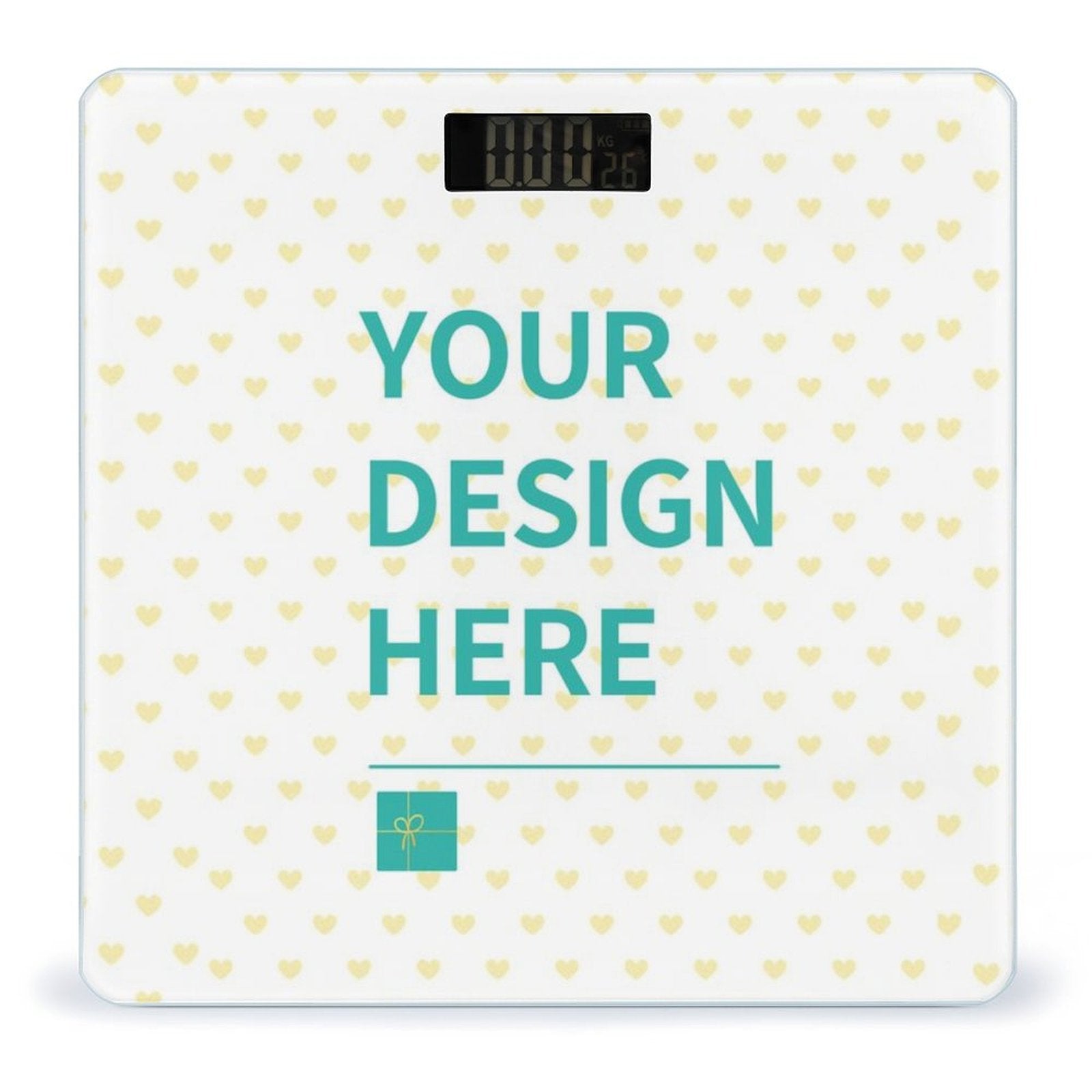 Customizable digital bathroom scale with 'Your Design Here' text, tempered glass surface and heart pattern.