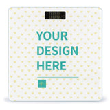 Customizable digital bathroom scale with 'Your Design Here' text, tempered glass surface and heart pattern.