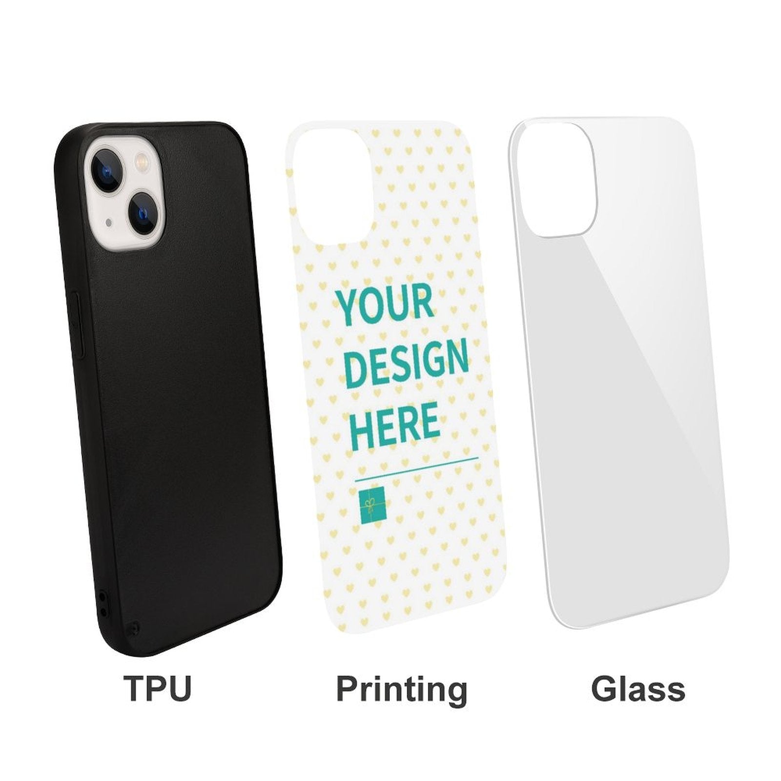iPhone 13 custom case: TPU bumper, personalized design area, glass back, scratch-resistant and wireless charging.