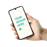 Samsung Galaxy S10E custom phone case, 'Your Design Here' design on a black TPU phone cover.