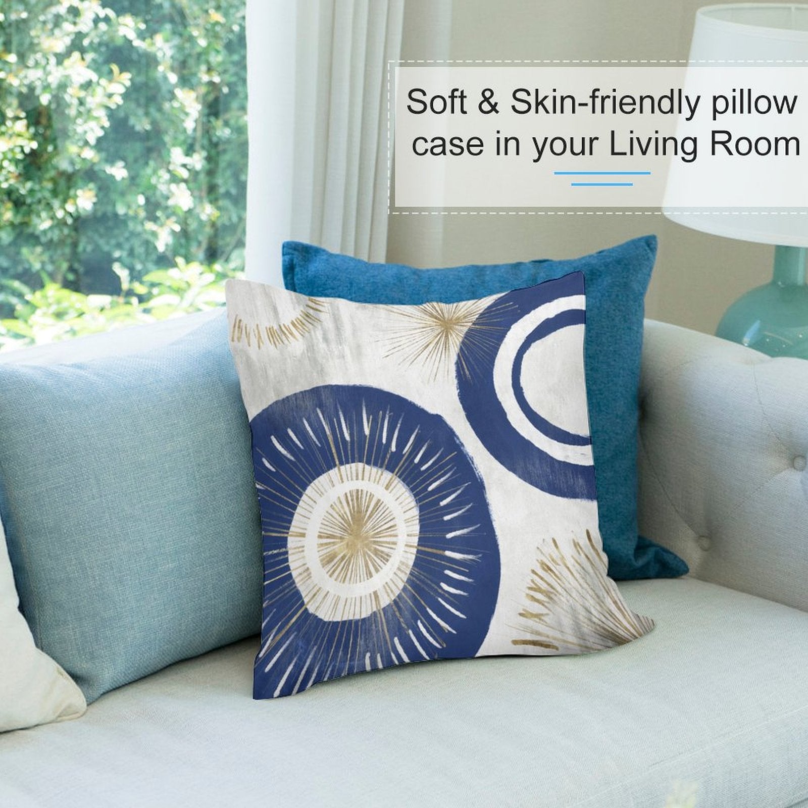Soft plush pillow cover with blue and gold abstract design for sofa in living room, skin-friendly material.