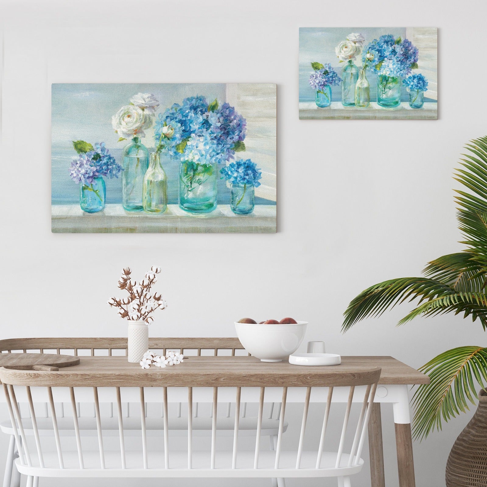 Canvas print of blue hydrangeas and white roses in glass jars, perfect wall decor
