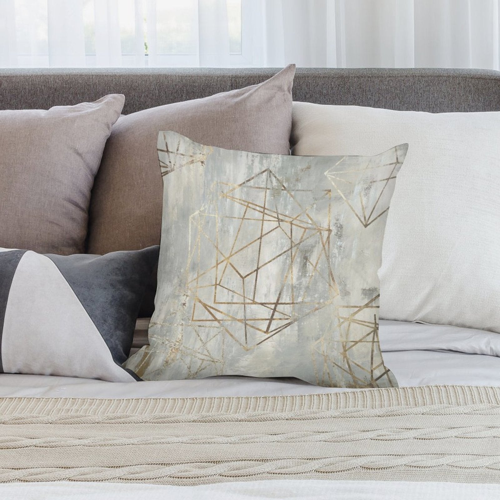 Geometric gold pattern plush pillow cover on bed, soft, decorative, and stylish. Perfect for sofa or couch from MyArtsyGift.
