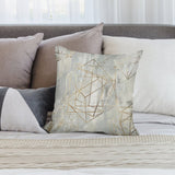 Geometric gold pattern plush pillow cover on bed, soft, decorative, and stylish. Perfect for sofa or couch from MyArtsyGift.