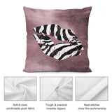 Zebra lips plush pillow cover in mauve, soft fabric, invisible zipper, and fine stitching for sofa and living room decor.