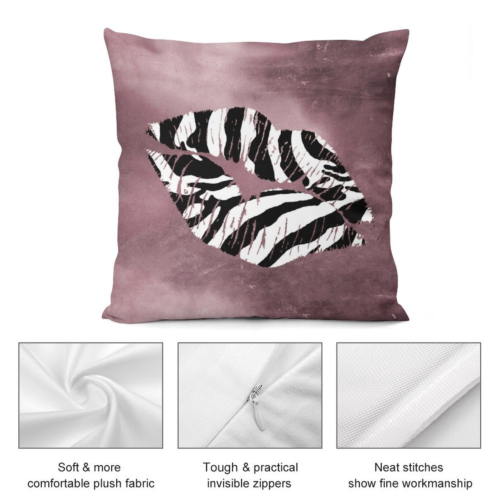 Plush pillow cover with zebra lips design, mauve, featuring soft fabric, invisible zipper, and fine workmanship