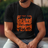 Black TikTok Refugee T-shirt, unisex cotton tee, orange stamp design.