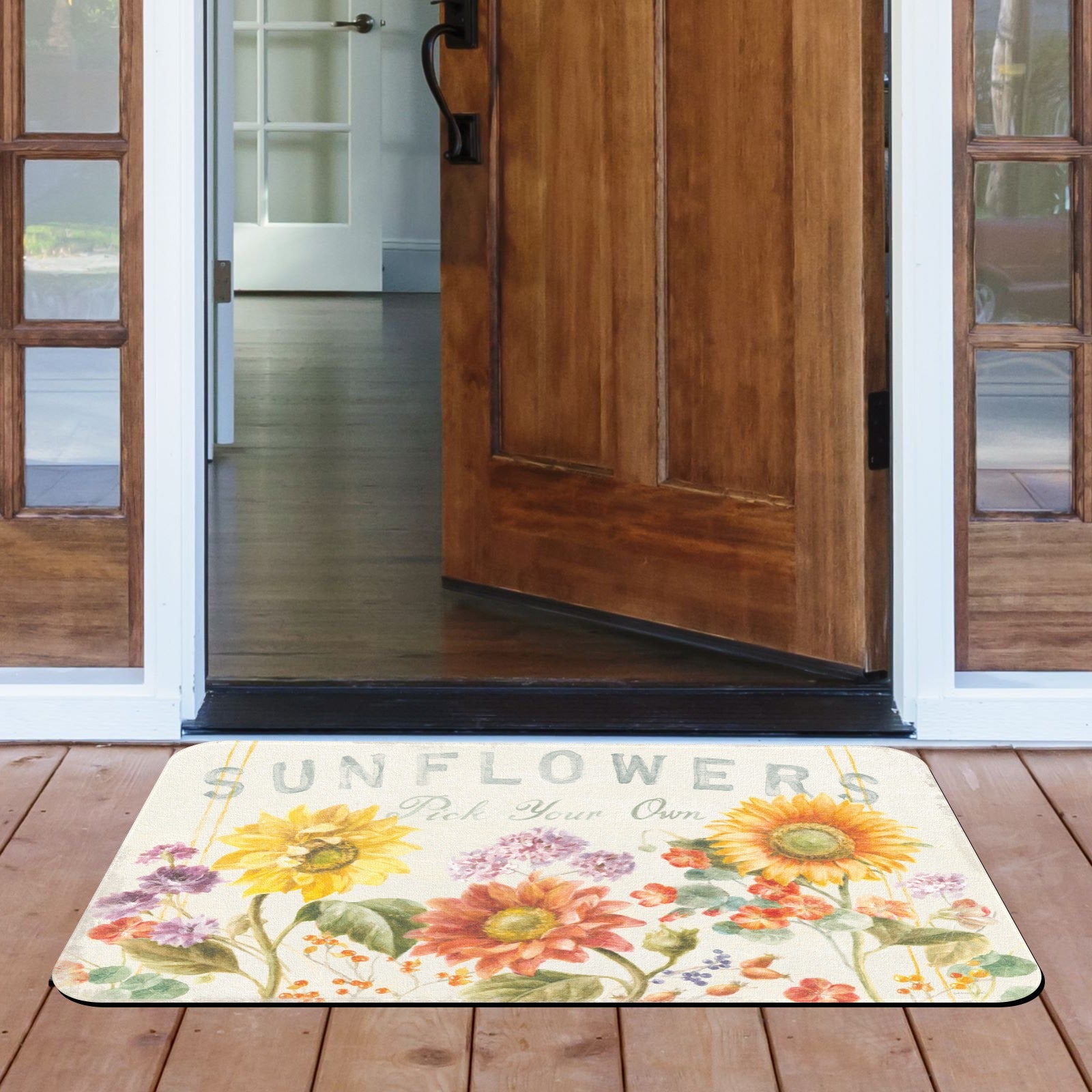 Sunflower door mat with 'SUNFLOWERS Pick Your Own' text, autumn floral design, entrance decor for indoor or outdoor use