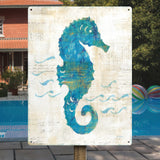 Blue seahorse beach metal sign 'On the Waves III', iron wall decor with vintage texture, perfect home decor