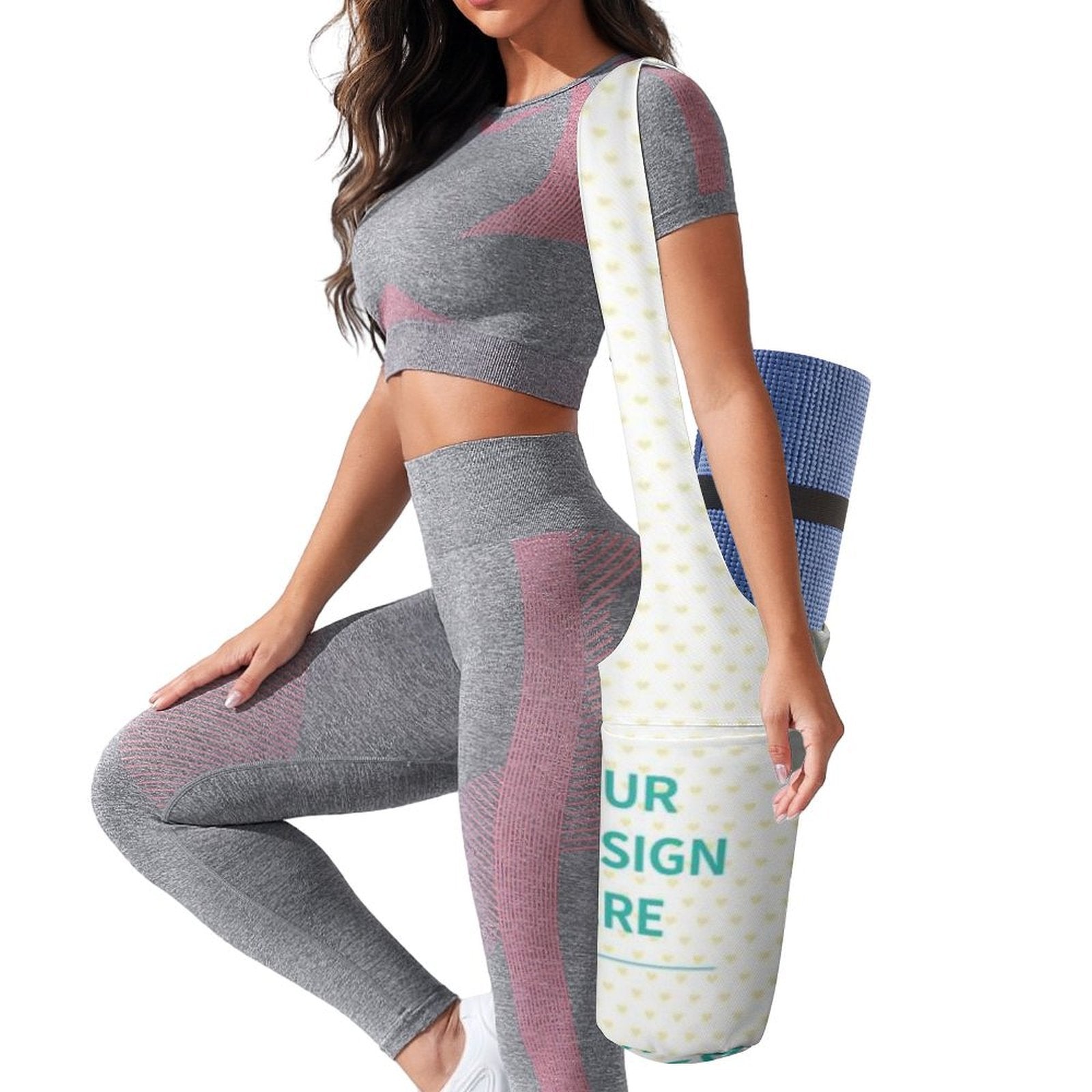 Custom canvas yoga mat bag for women, white with heart pattern, 'YOUR DESIGN HERE' text, supporting art and personalization.
