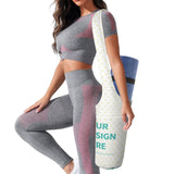 Custom canvas yoga mat bag for women, white with heart pattern, 'YOUR DESIGN HERE' text, supporting art and personalization.