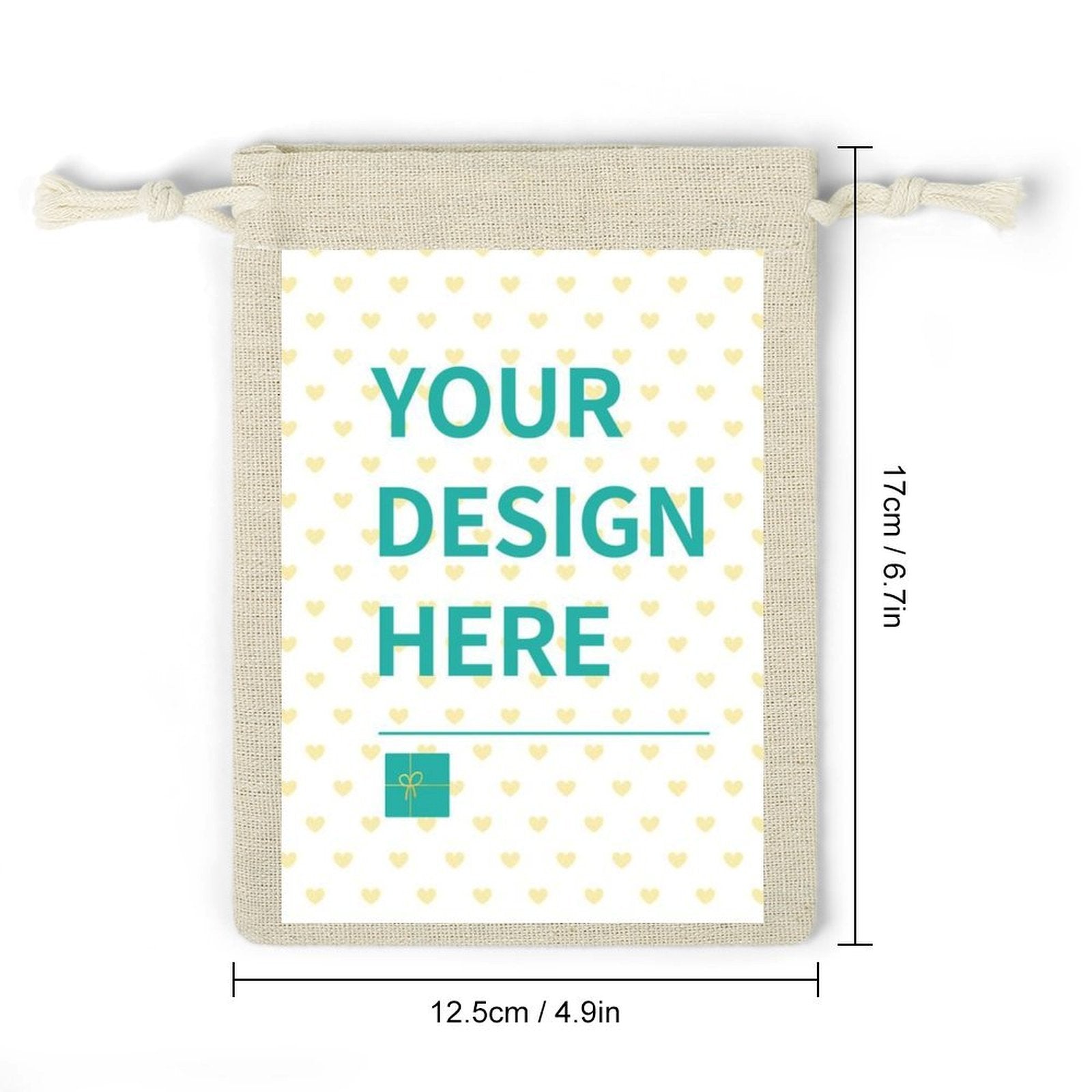 Customizable cotton and linen burlap bag with drawstrings, perfect for personalized gifts, featuring "YOUR DESIGN HERE"