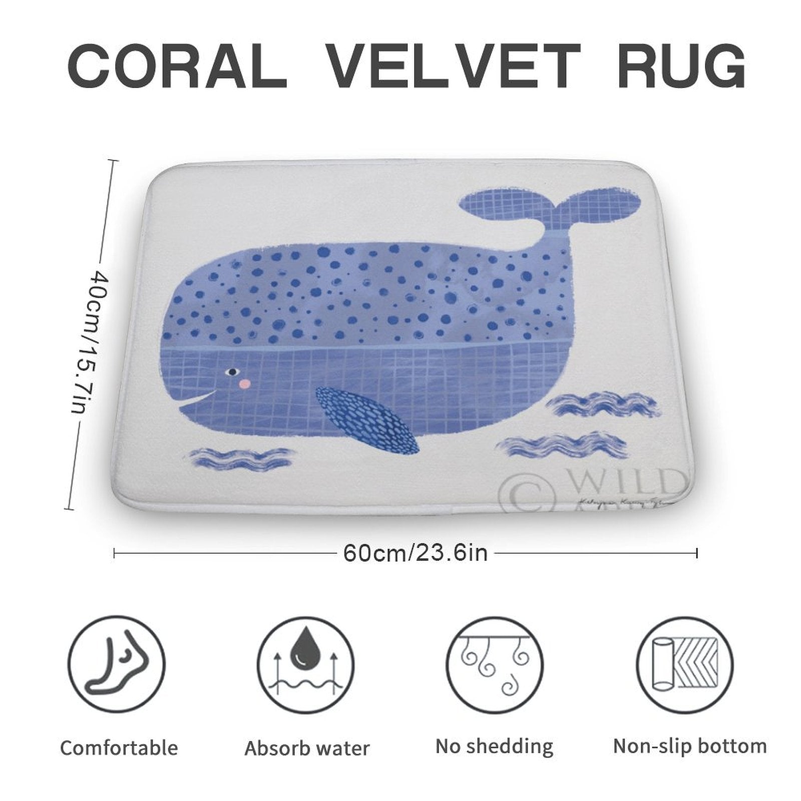 Coral velvet bathroom rug with whale design, non-slip, absorbent, and comfortable for the bathroom