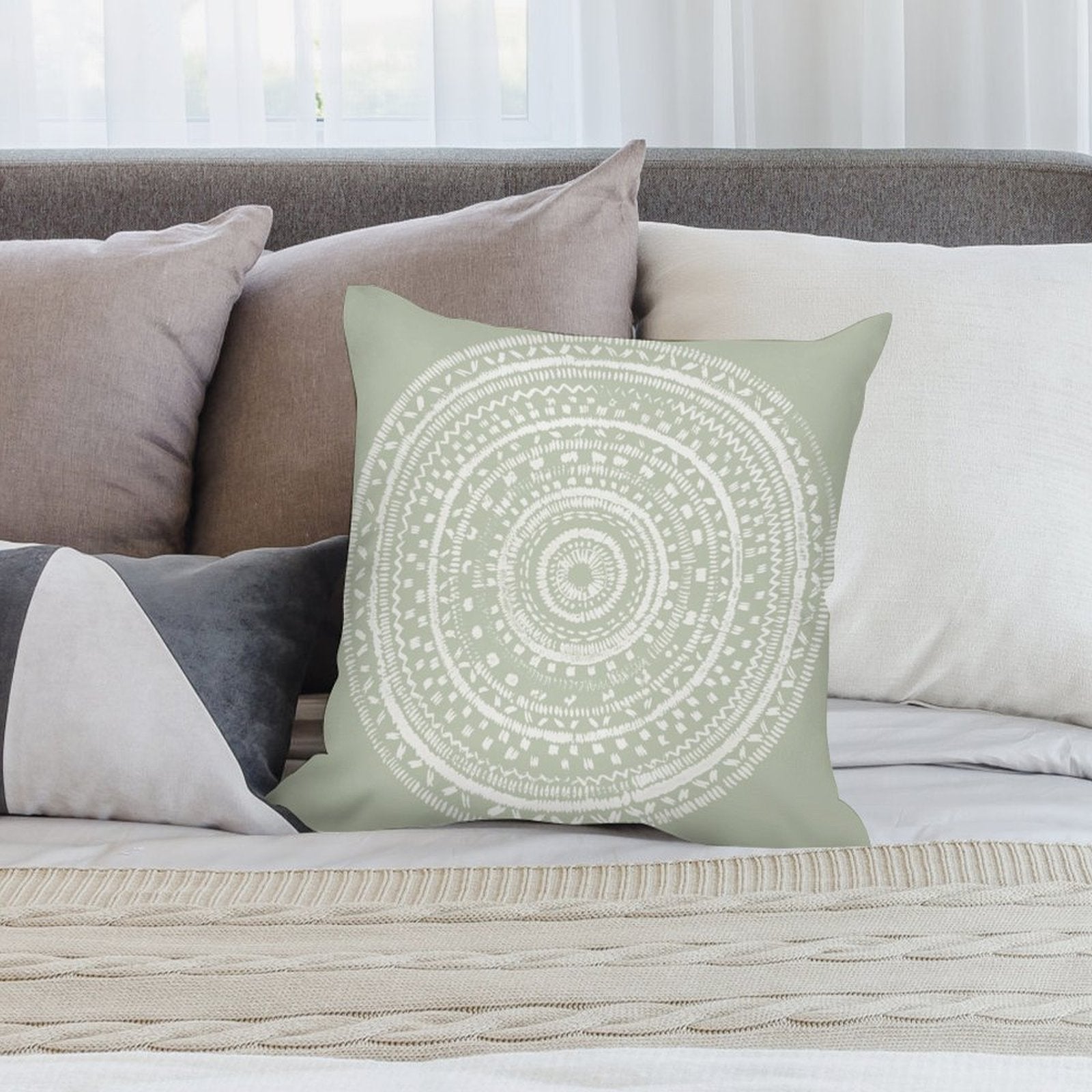 Sage green plush pillow cover with white mandala pattern, perfect decorative pillow for sofa or living room.