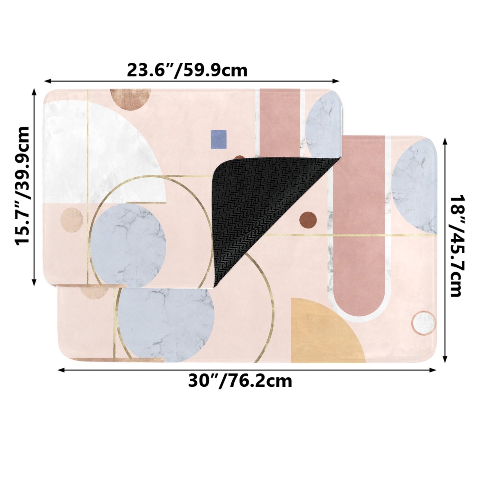 Pink abstract entrance doormat with geometric design and rubber backing, ideal for indoor/outdoor use, with dimensions.