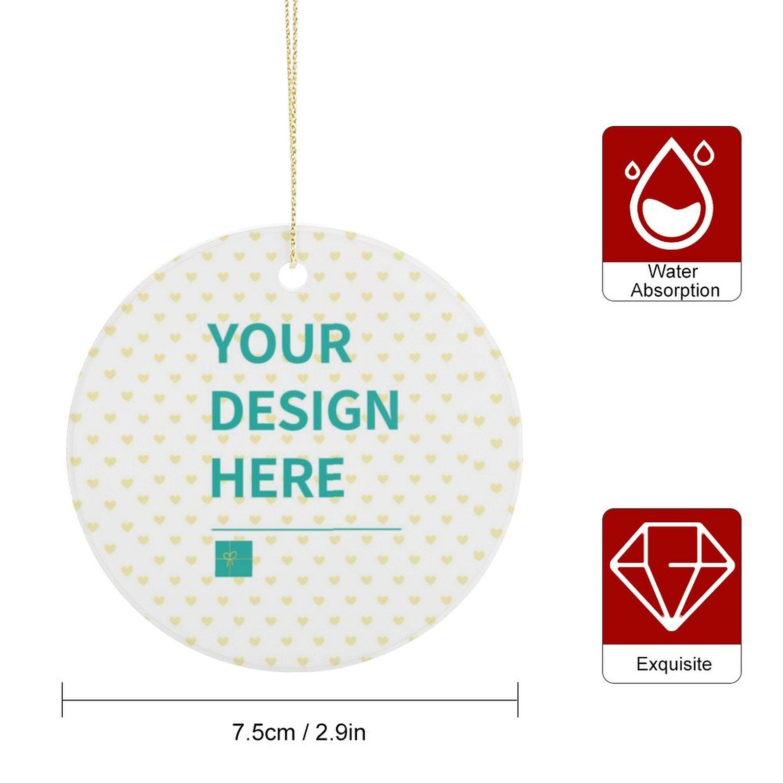 Personalized Christmas ornament, ceramic circle with custom design, Xmas tree decor, heart pattern.