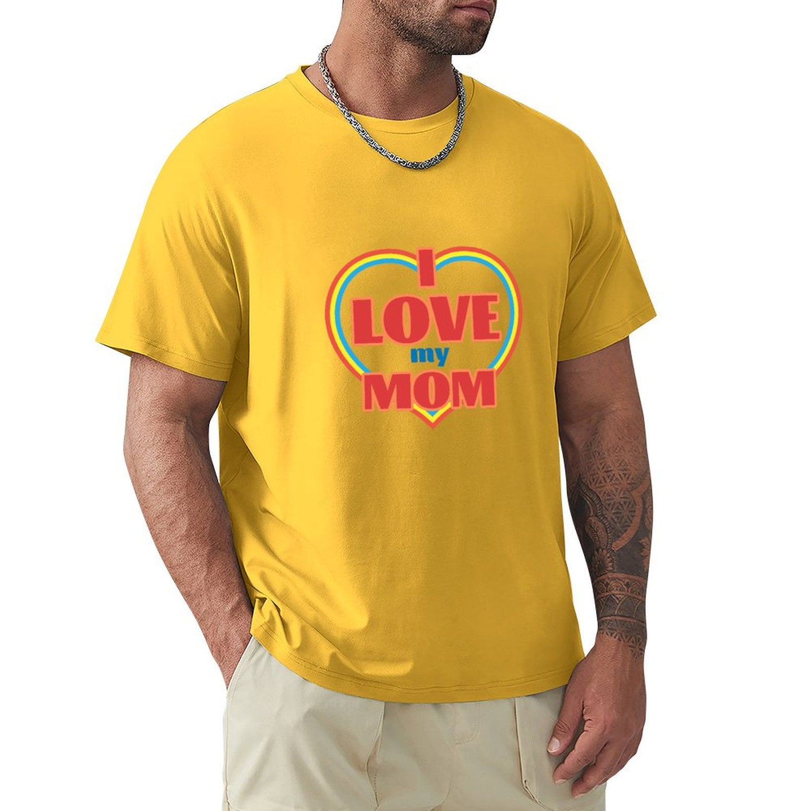 Yellow 'I Love My Mom' T-shirt for men. Classic cotton tee from MyArtsyGift, perfect gift for Mother's Day.