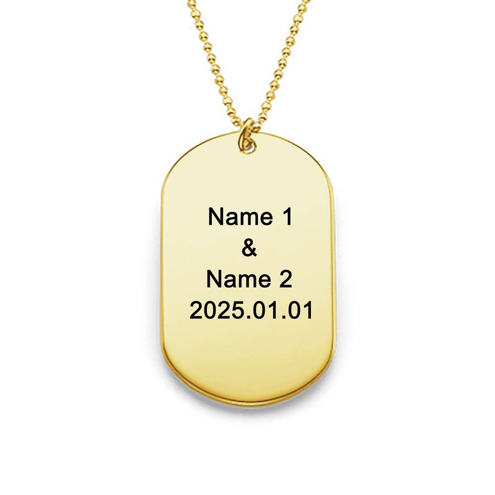 Custom gold dog tag necklace, personalized with engraved names and date, a perfect gift for men and women.