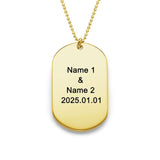 Custom gold dog tag necklace, personalized with engraved names and date, a perfect gift for men and women.