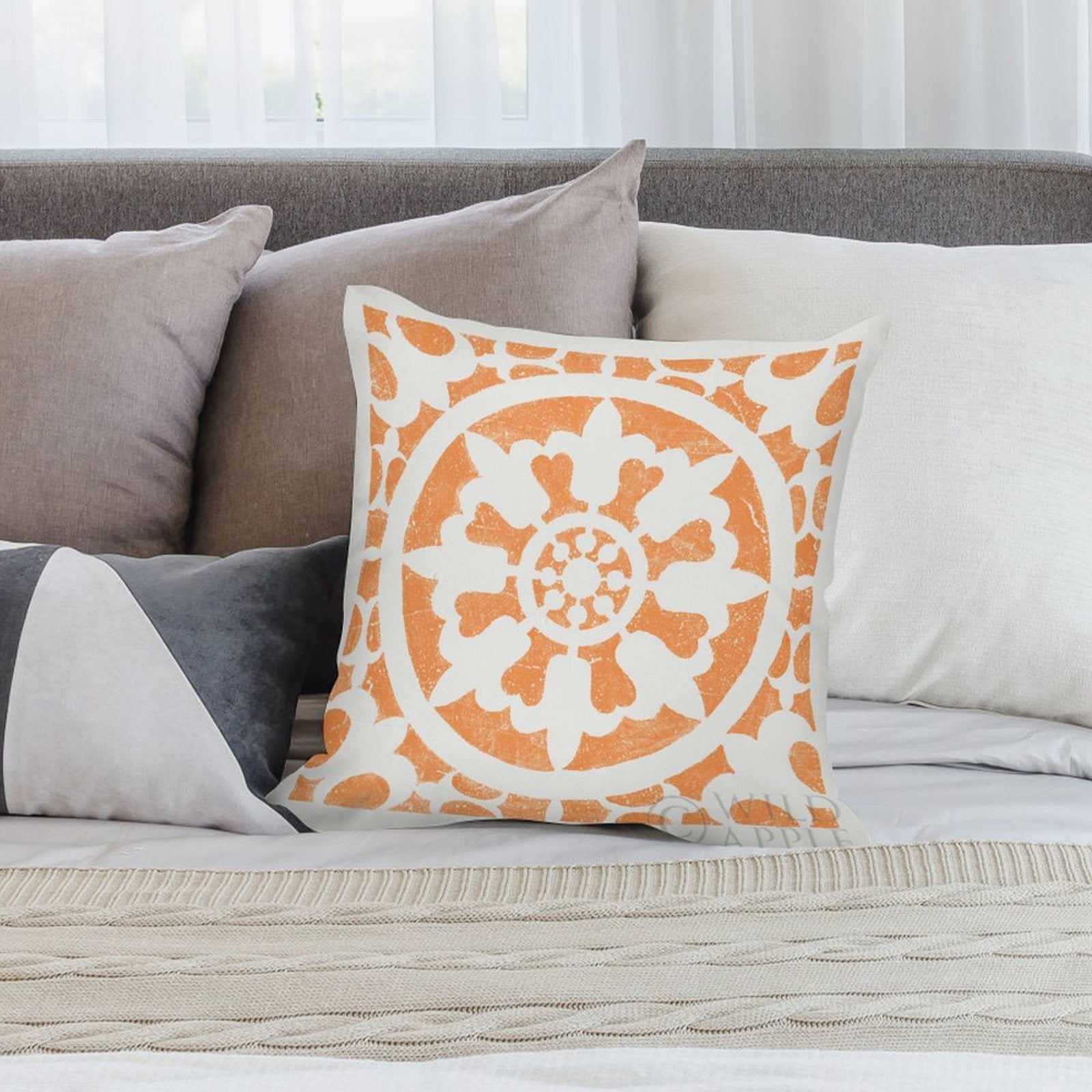 Orange mandala plush pillow cover on bed, soft decorative pillow, luxury design, perfect for sofa or couch
