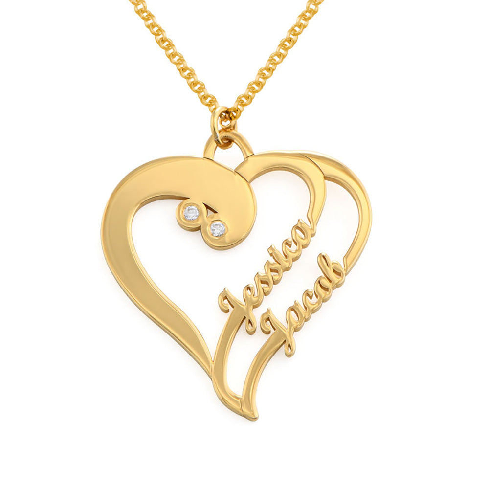 Gold Personalized Heart Necklace with 'Jessica' and 'Jacob' Custom Names, Perfect Gift for Women