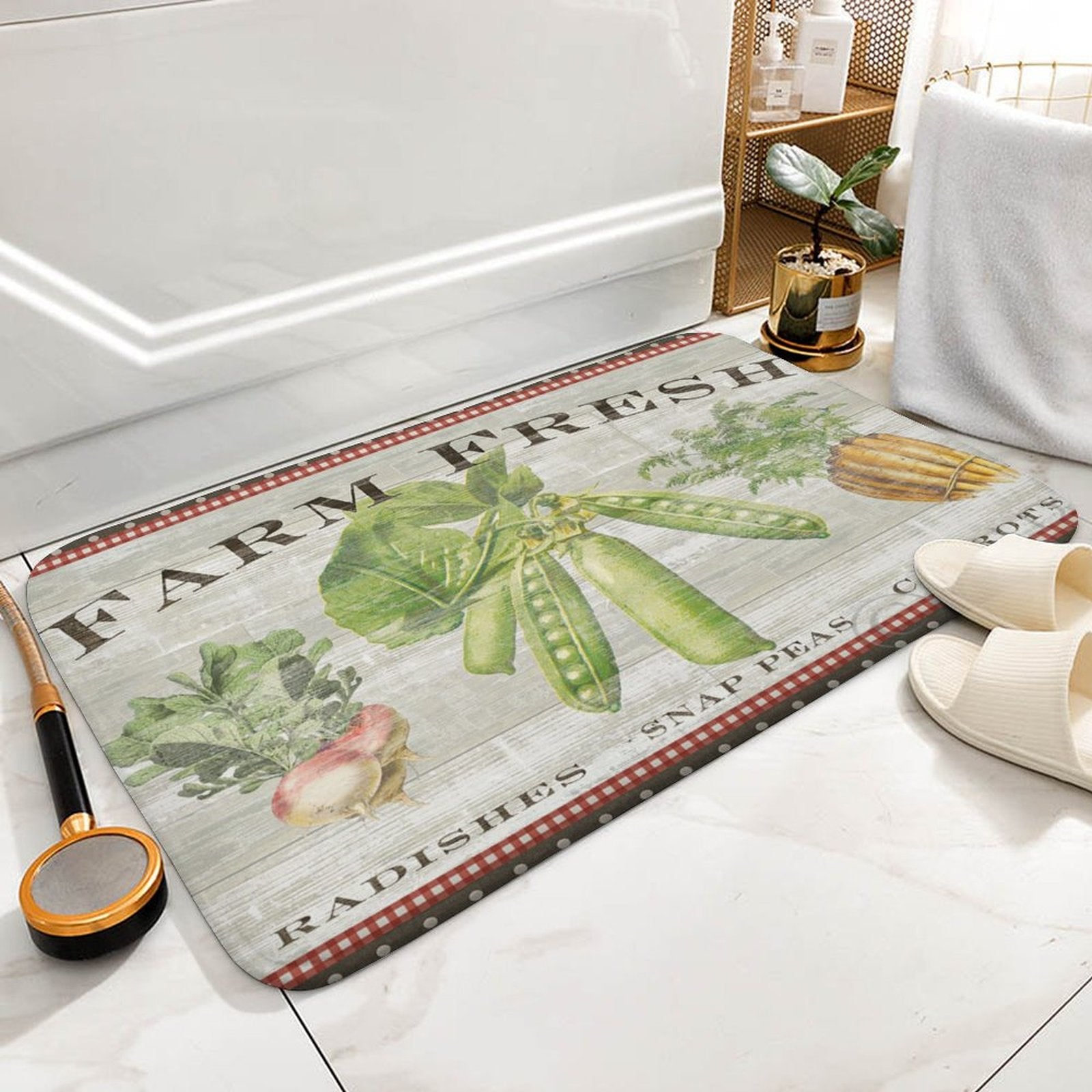 Coral velvet bath rug with Farm Fresh vegetables design, non-slip bathroom rug