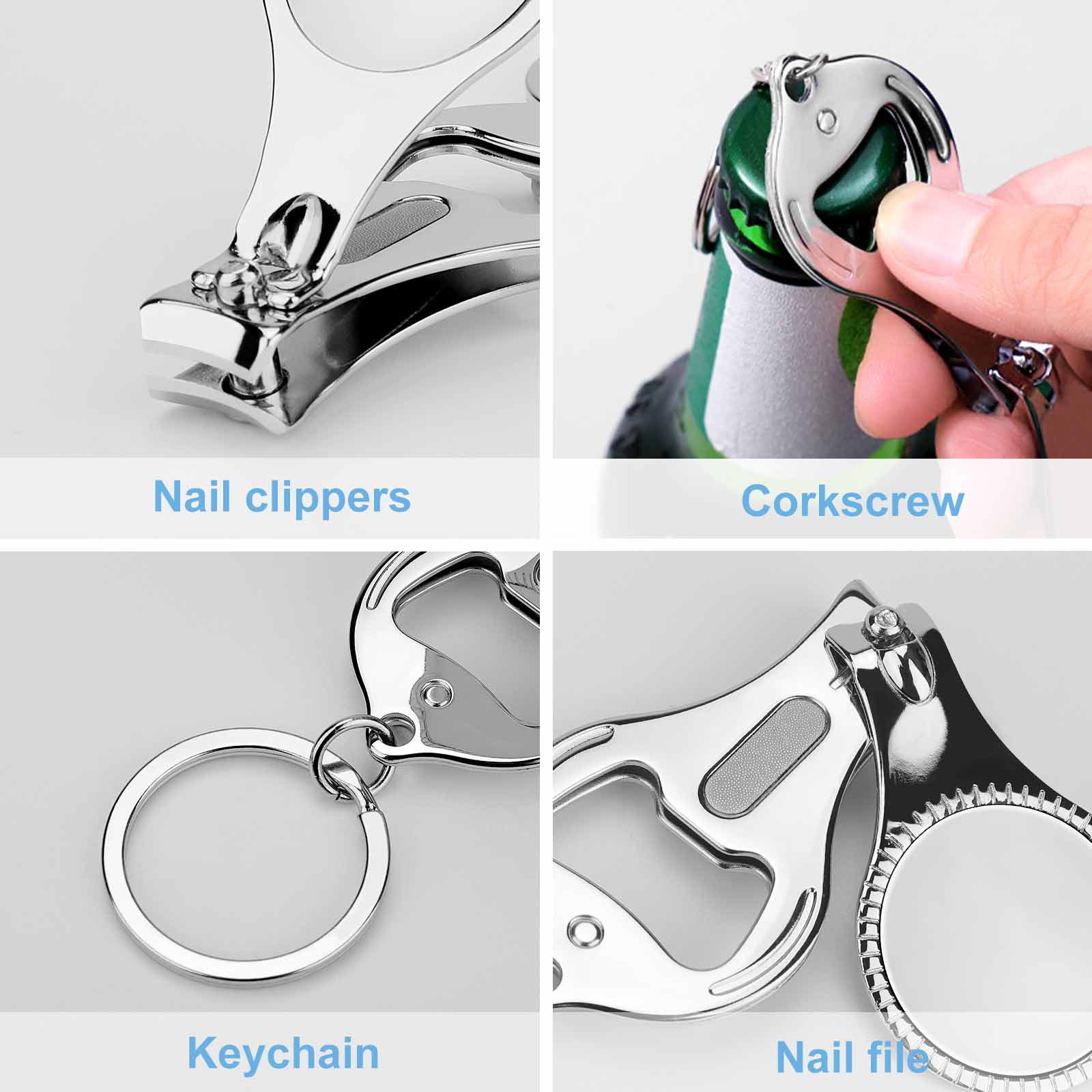 Metal nail clipper keychain with bottle opener, nail file, and key ring. Gift-ready and versatile.