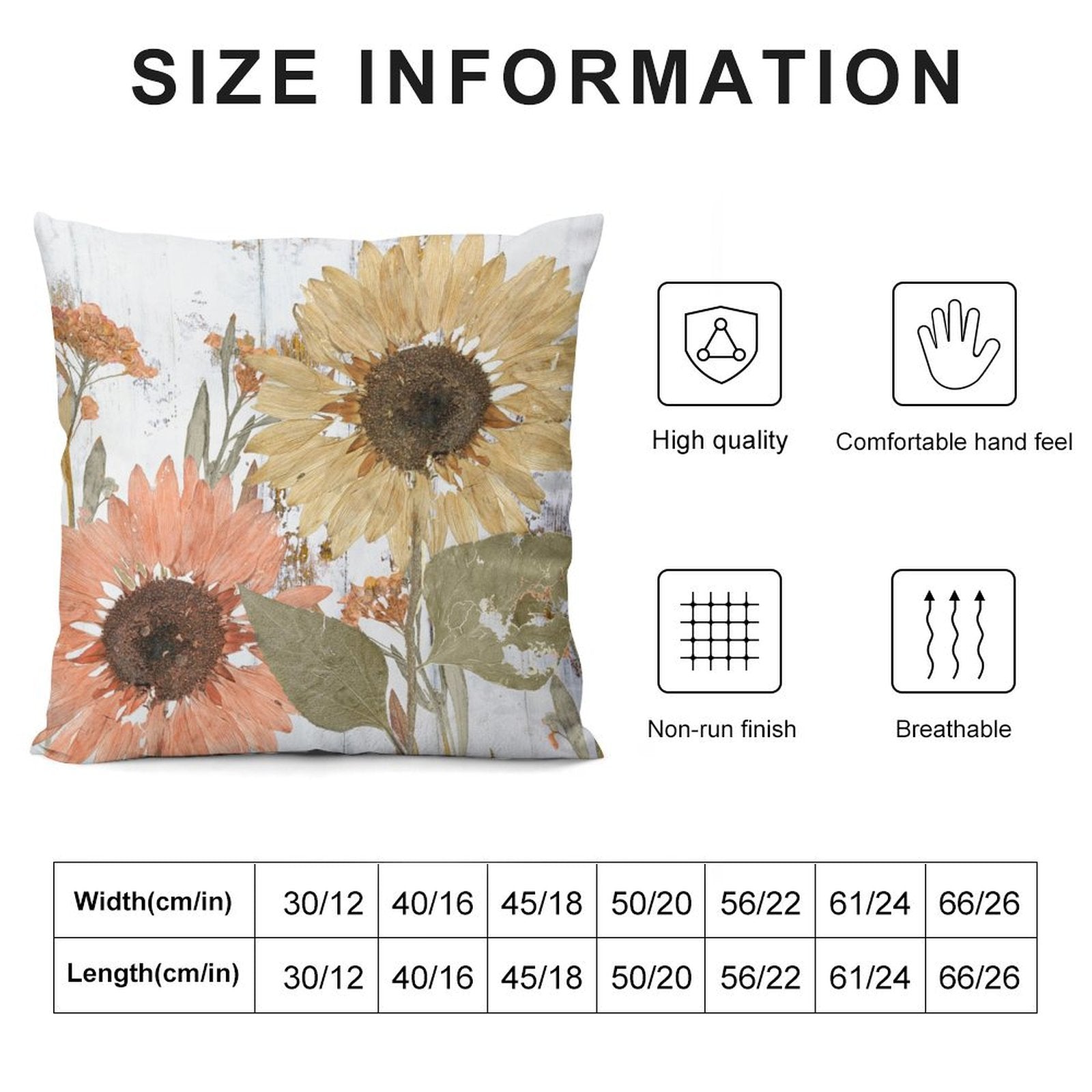 Sunflower throw pillow cover with size chart. Soft, decorative cushion for couch, sofa, and living room.