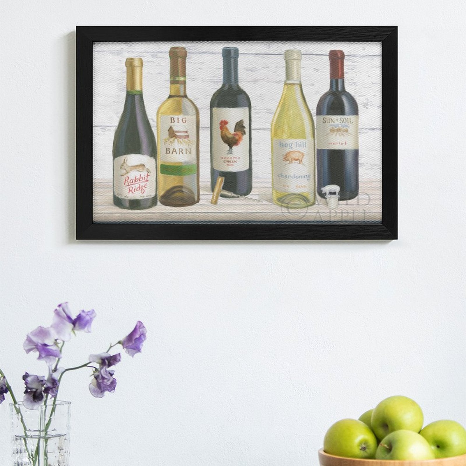 Framed wine bottle canvas print, home decor. Rabbit Ridge, Big Barn, Rooster Creek, Hog Hill, Sun+Soil labels.