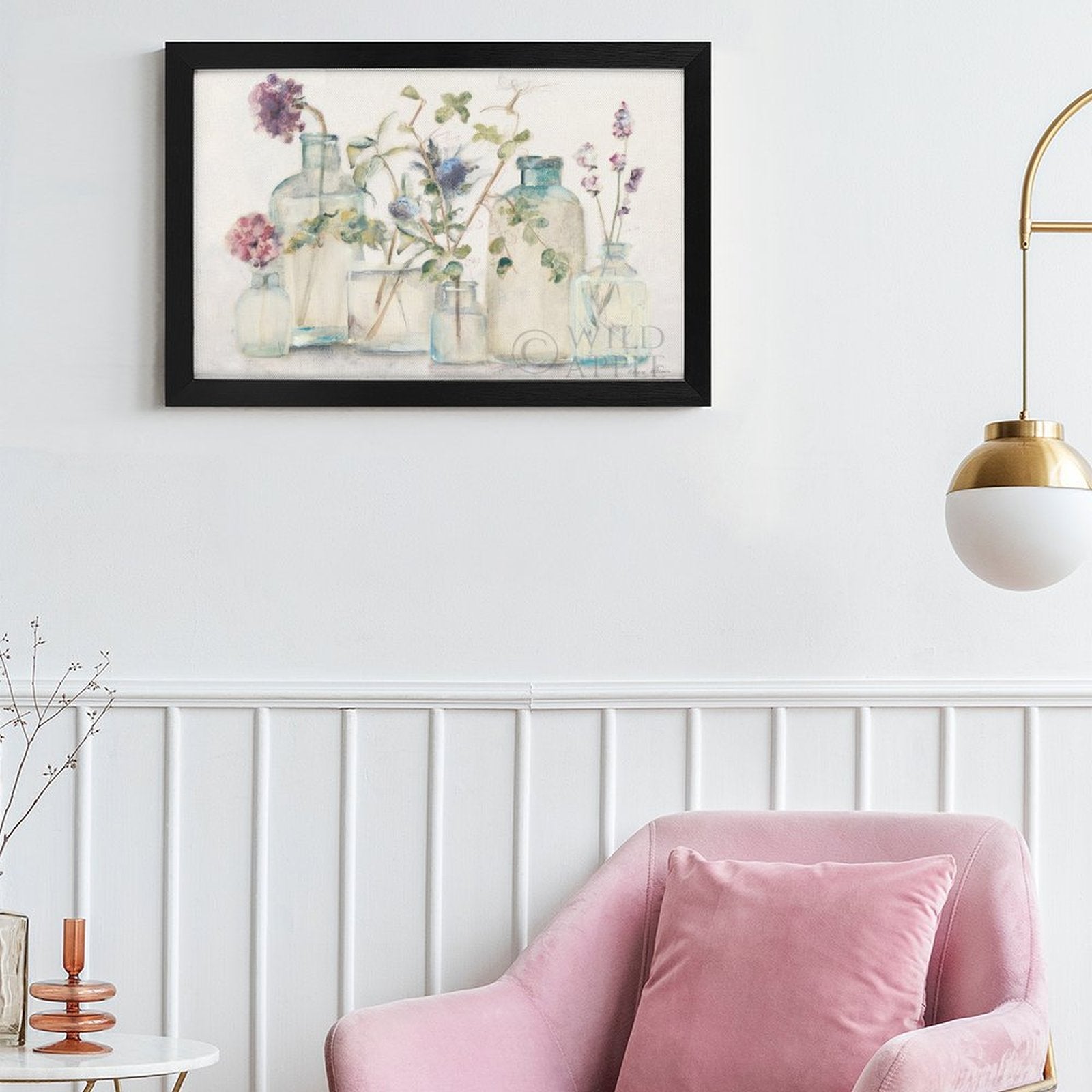 Canvas print floral art with watercolor blossoms in glass jars, black frame, minimalist wall decor for home.