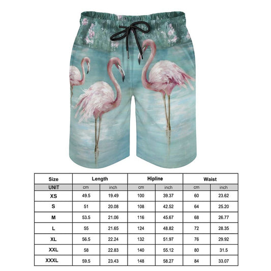 Flamingo swim trunks for men. Quick-drying, Hawaiian beach board shorts with drawstring. Includes size chart (XS-3XL).