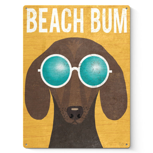 Beach Bum Dachshund Metal Sign. Funny dog wearing sunglasses on yellow background. Made in USA, iron wall art