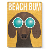 Beach Bum Dachshund Metal Sign. Funny dog wearing sunglasses on yellow background. Made in USA, iron wall art