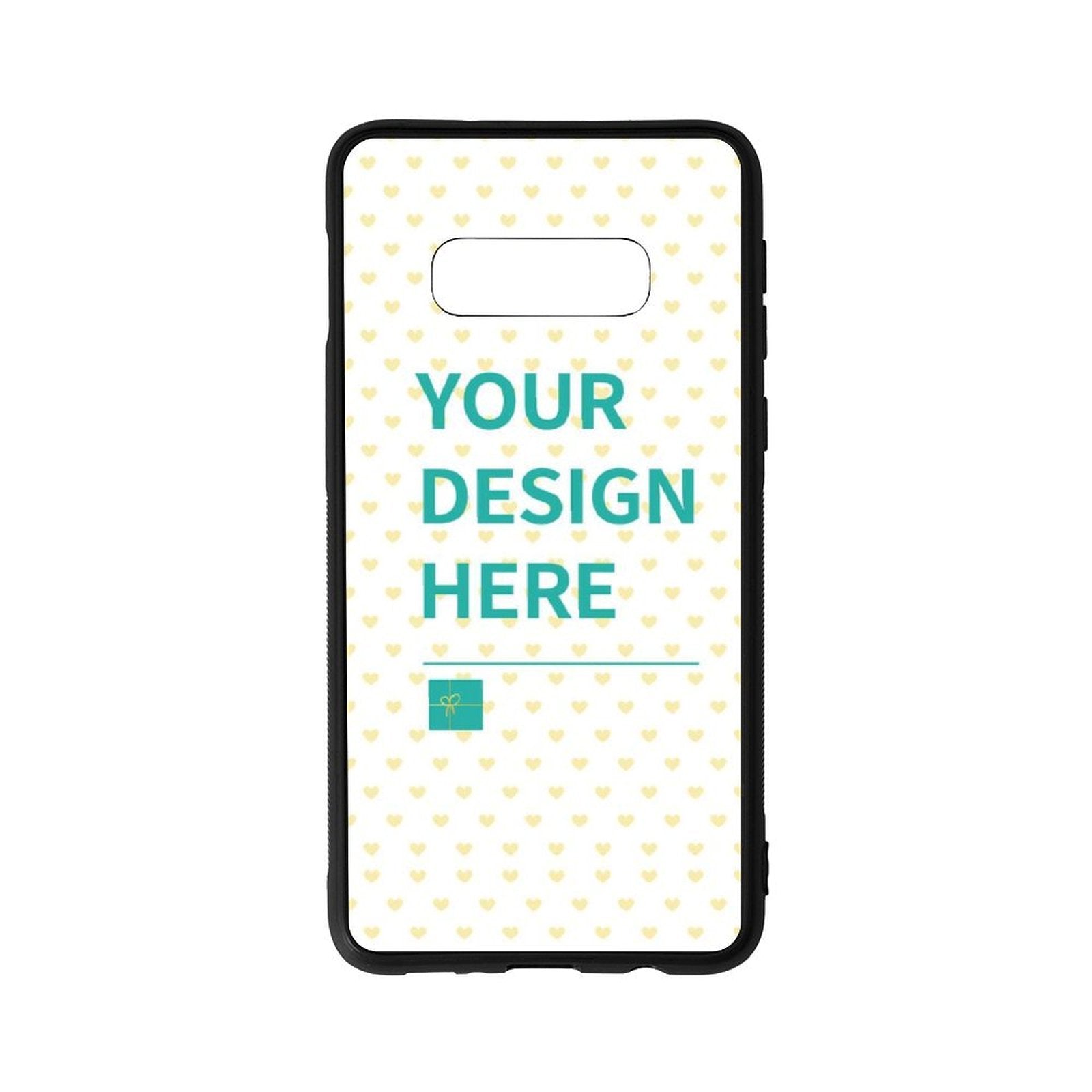 Custom Samsung Galaxy S10E case with 'Your Design Here' text, personalized phone cover with heart pattern and gift icon.