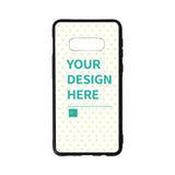 Custom Samsung Galaxy S10E case with 'Your Design Here' text, personalized phone cover with heart pattern and gift icon.