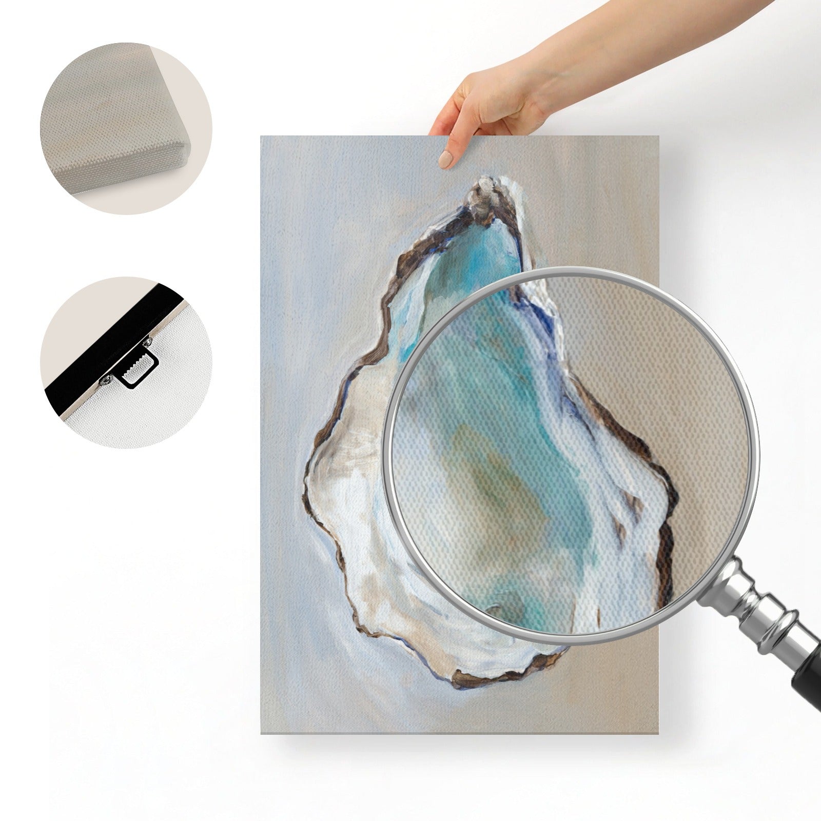 Oyster Modern Wall Art Canvas Print, blue oyster shell design. Ready to hang for living room home decor