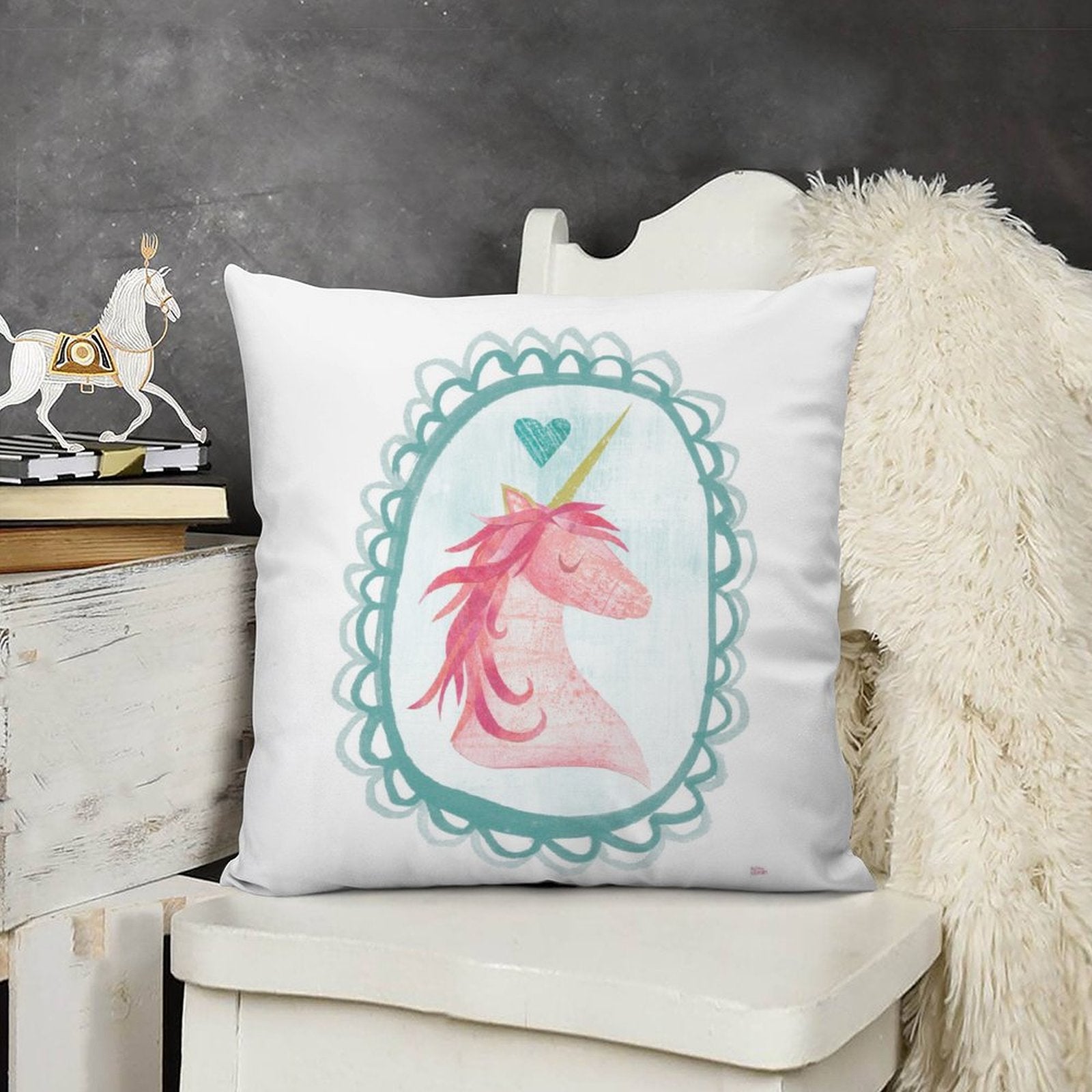 Square pillow cover with watercolor unicorn design; short plush pillow case for home decor