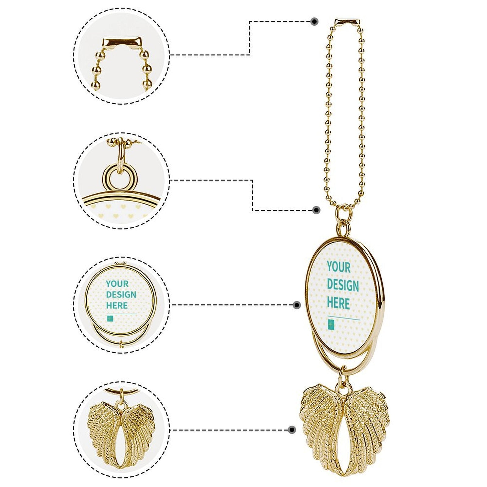 Customizable gold car rear view mirror pendant, personalized photo ornament with angel wing, zinc alloy material, MyArtsyGift