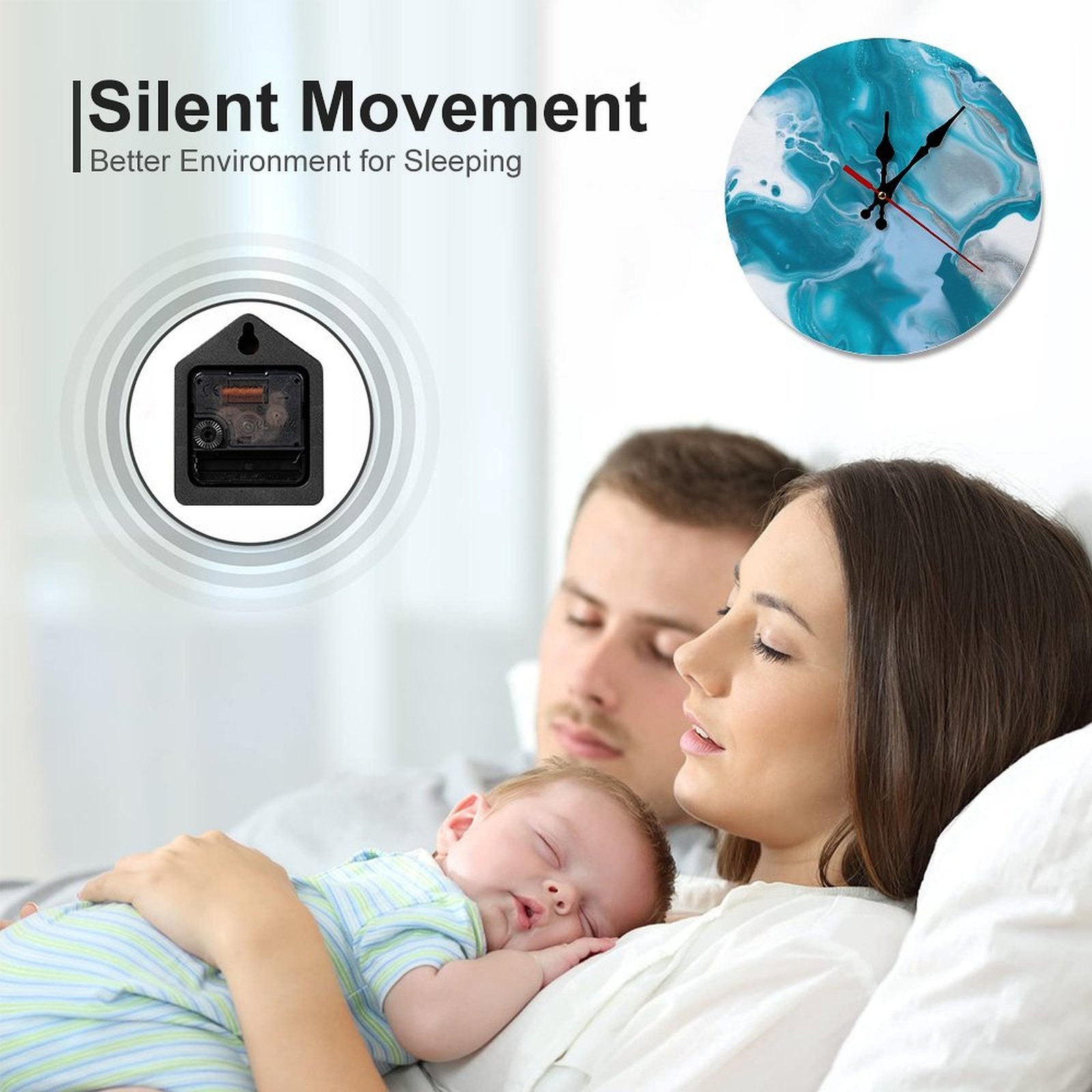 Silent wooden wall clock with blue abstract art, ideal for bedrooms, quiet, and perfect housewarming gift.