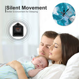 Silent wooden wall clock with blue abstract art, ideal for bedrooms, quiet, and perfect housewarming gift.