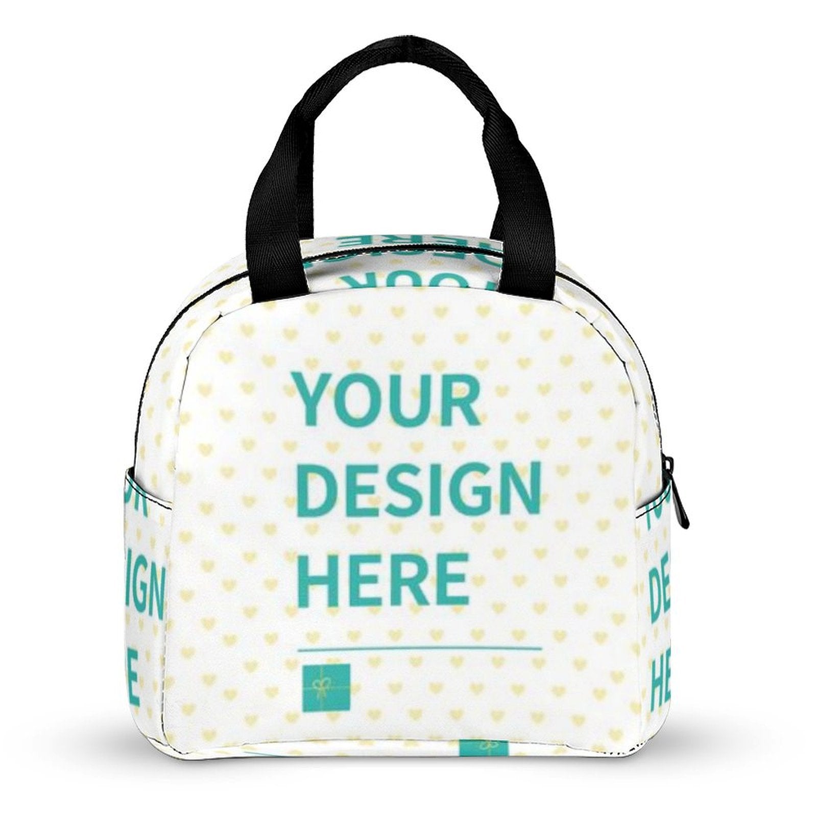 Custom lunch bag with 'YOUR DESIGN HERE' design, white polyester, reusable lunch box for school, work, travel.