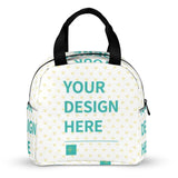 Custom lunch bag with 'YOUR DESIGN HERE' design, white polyester, reusable lunch box for school, work, travel.