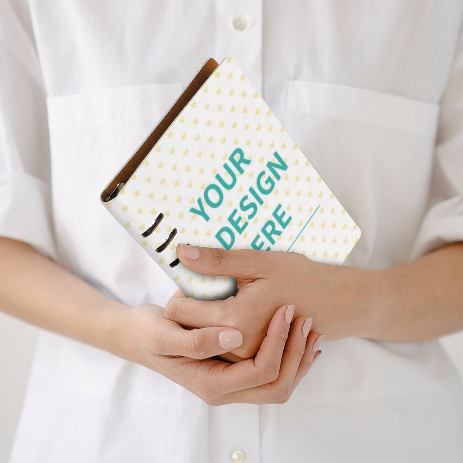 Customizable loose-leaf notebook with 'YOUR DESIGN HERE' design for note-taking, school or office.