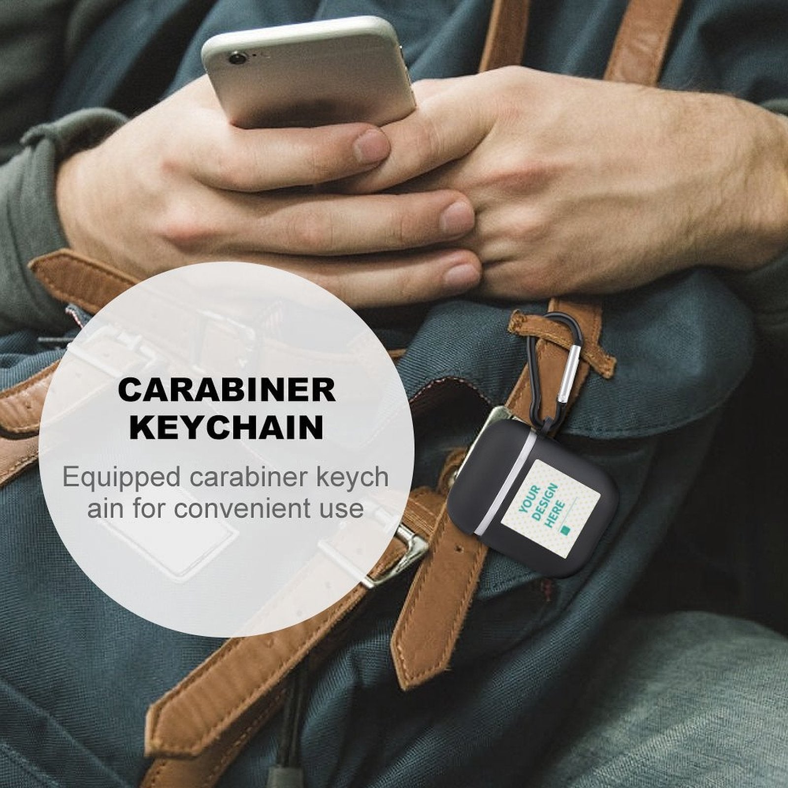 Black custom Airpod case with carabiner keychain. Personalized design area for Airpods 1 & 2.