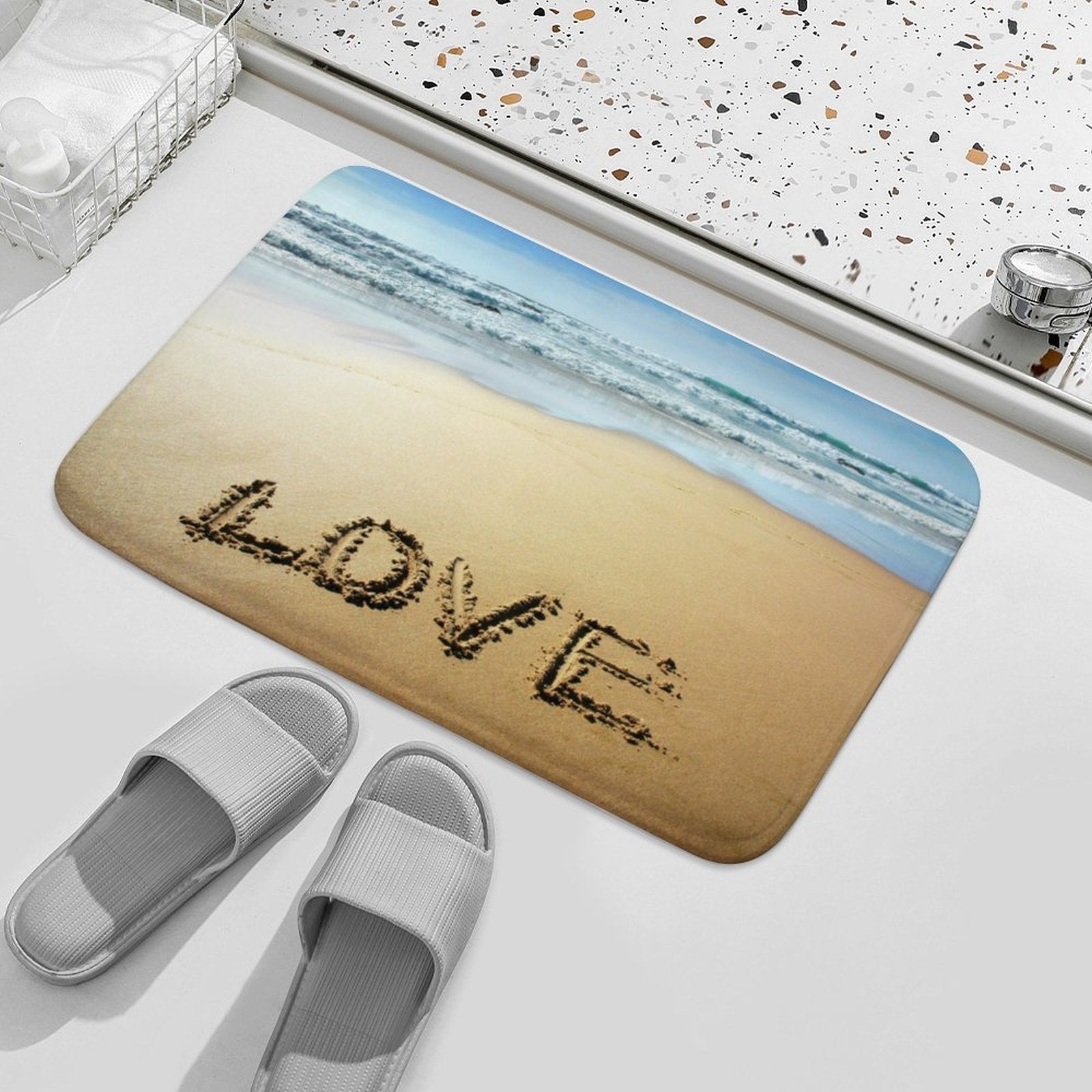 Coral velvet bath rug with beach scene and LOVE text. Non-slip bathroom rug for MyArtsyGift.