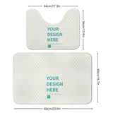 Customizable bathroom rug set in coral fleece with text 'YOUR DESIGN HERE'. Includes toilet base mat and area rug.