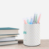 White PU leather desk pen holder with heart pattern, holding colorful pens and markers, for office and home